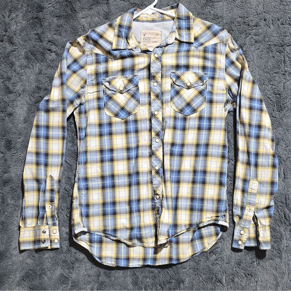 American Eagle Outfitters Vintage Fit Blue Yellow Plaid Button-Up Shirt, M